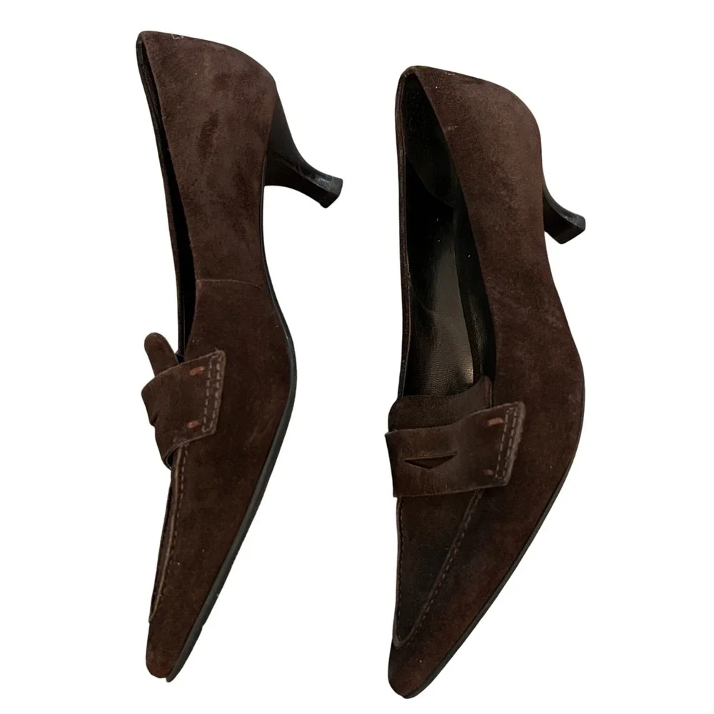 Franco Sarto Brown leather Suede Pointed Toe Kitten Heel Penny Loafer Pumps 6M